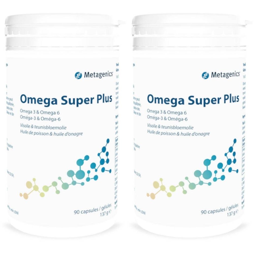 Deux boîtes blanches avec étiquettes. Inscription: Omega Super Plus, Metagenics. Contient 90 capsules. Composition: Omega 3 & Omega 6.