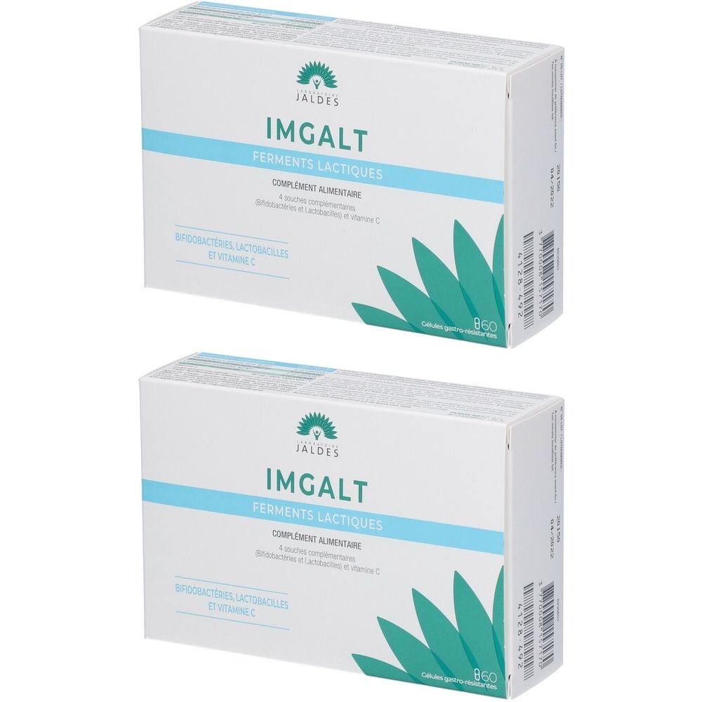 Deux boîtes blanches IMGALT, Ferments lactiques. Inscription bactéries lactiques et vitamine C. Logo vert-turquoise.