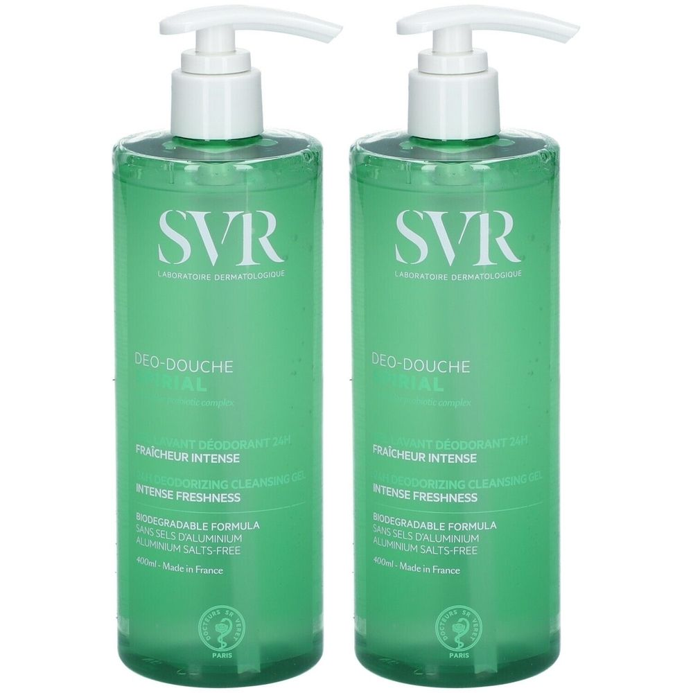 Deux flacons verts avec pompe blanche. Inscriptions: SVR, Déo-Douche, Fraîcheur Intense. Formule biodégradable, sans sels d'aluminium.