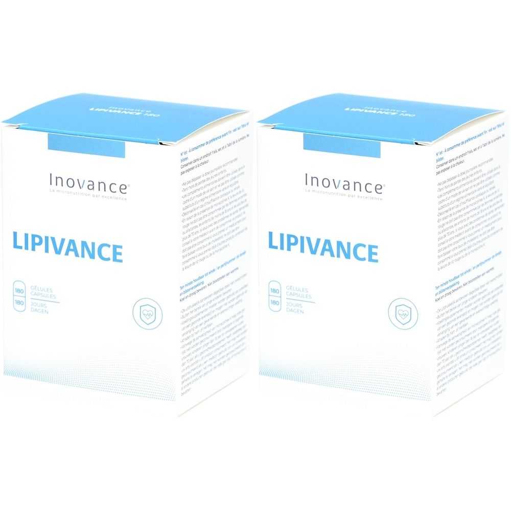Deux boîtes blanches avec couvercle bleu. Inovance et LIPIVANCE sont écrits en bleu. Logos et texte sur l'emballage.