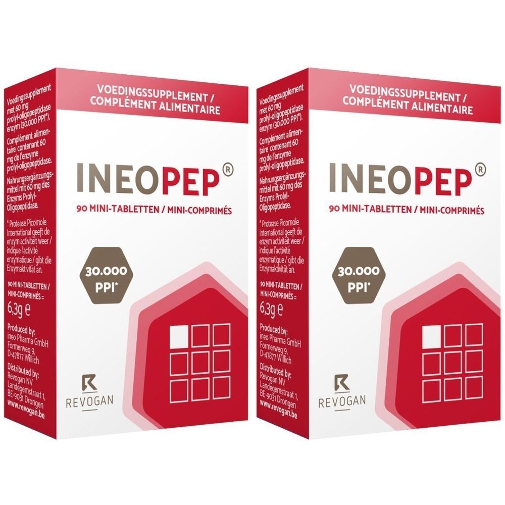 Deux boîtes Ineopep® avec l'inscription "90 Mini-comprimés". Emballage rouge et blanc avec texte multilingue.