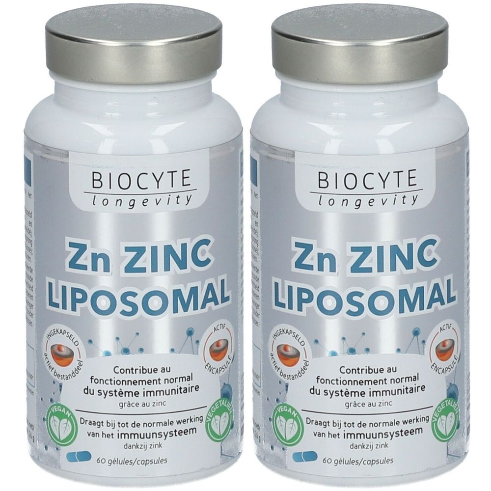 Deux flacons blancs avec couvercles argentés. Inscription: Biocyte Zn ZINC LIPOSOMAL. Contient 60 gélules. Label vegan.