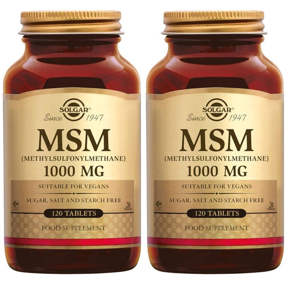 Deux flacons de Solgar MSM 1000 mg. Flacons en verre brun avec bouchons dorés. Inscription MSM, 1000 mg, convient aux végétaliens, sans sucre, sel ni amidon.