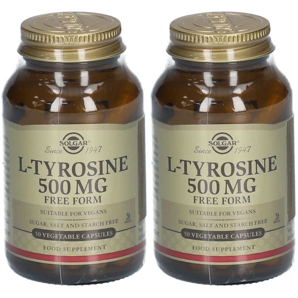 Deux flacons de Solgar L-Tyrosine 500 mg. Flacons en verre brun avec couvercles dorés. Inscription : L-Tyrosine 500 mg, 50 gélules.