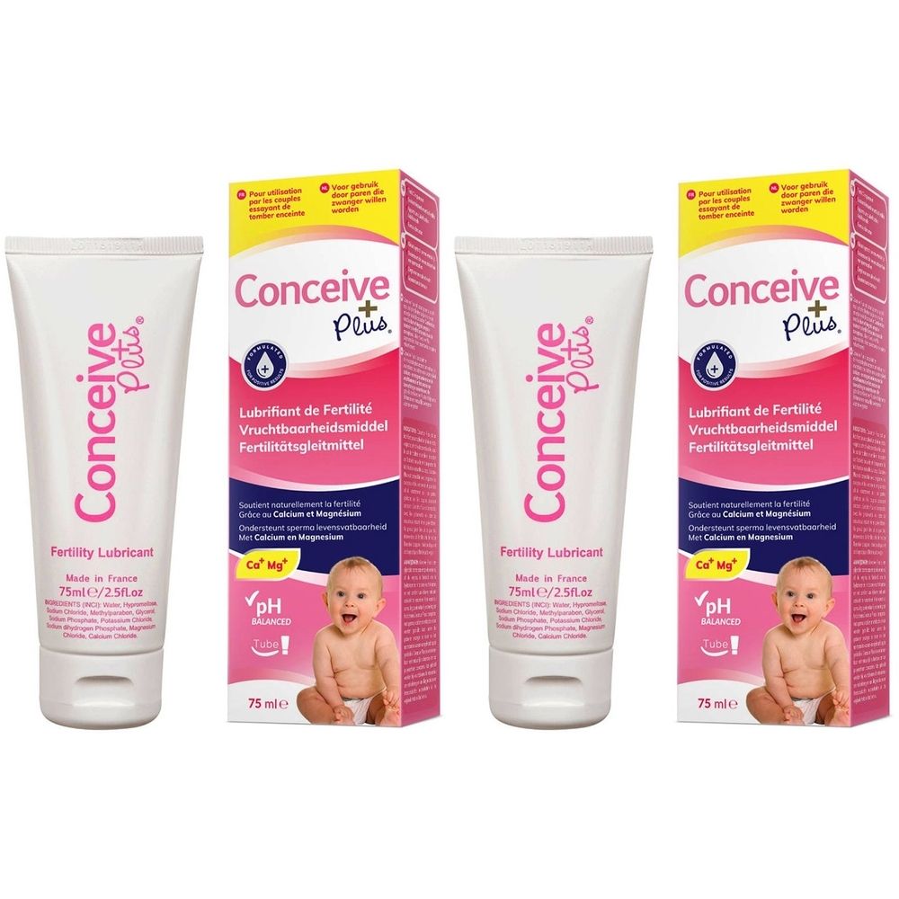 Deux tubes et deux boîtes. Les tubes indiquent "Conceive Plus" et "Fertility Lubricant". Les boîtes indiquent "Conceive Plus".