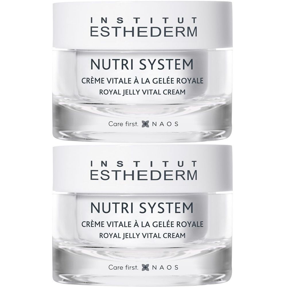 Deux pots de crème avec couvercles blancs et verre transparent. Inscription : INSTITUT ESTHEDERM, NUTRI SYSTEM, Crème vitale à la gelée royale.
