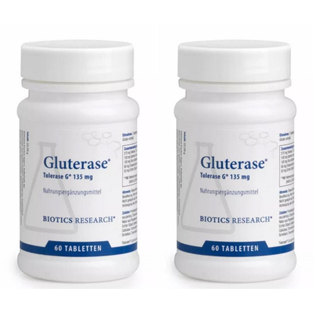 Deux contenants blancs de comprimés Gluterase®, 60 comprimés par contenant. L'étiquette indique Biotics Research.