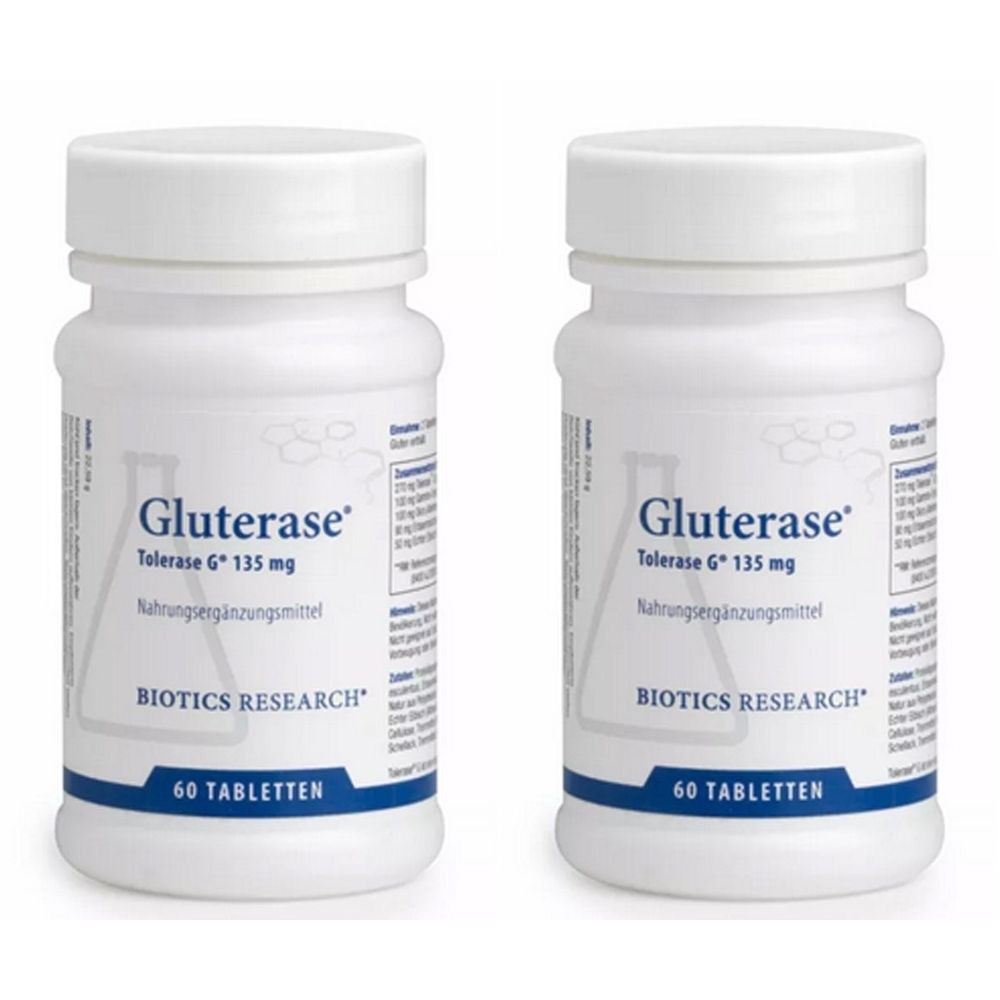 Deux flacons blancs avec bouchons à vis. Inscription : Gluterase, Tolerase G 135 mg, complément alimentaire, Biotics Research, 60 comprimés.