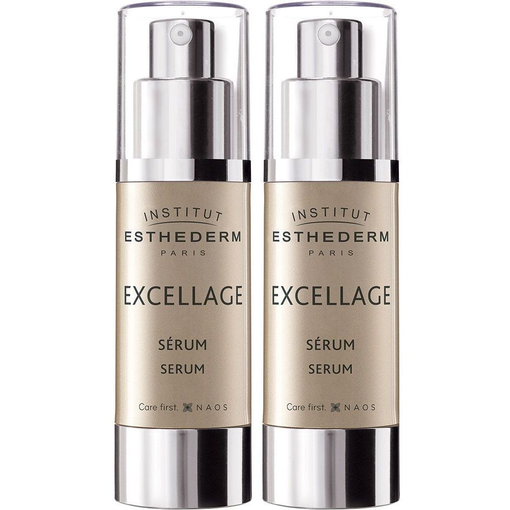 Deux flacons avec pompe. Inscription: INSTITUT ESTHEDERM PARIS, EXCELLAGE, Sérum, Serum. Bouchon transparent.