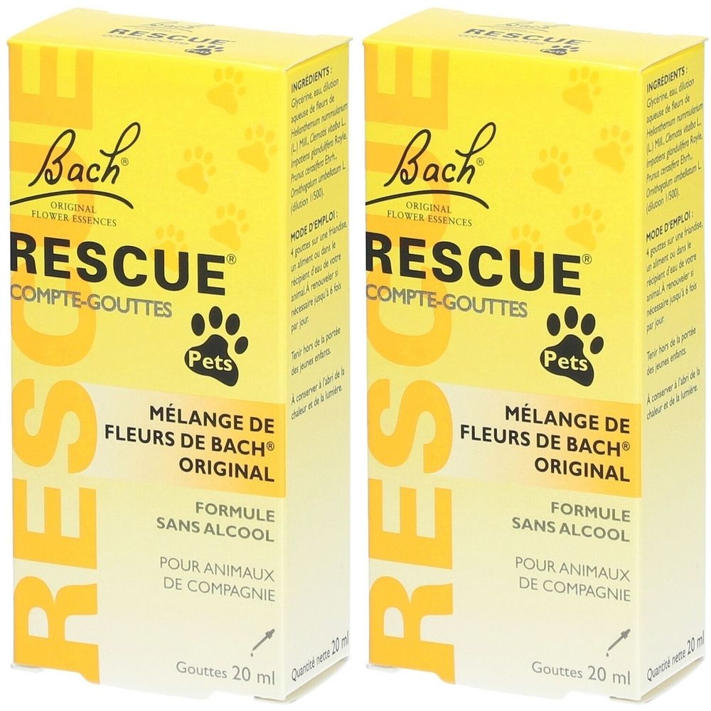 Deux boîtes jaunes de gouttes "Bach Rescue" pour animaux de compagnie. Inscription : "Mélange de Fleurs de Bach Original".