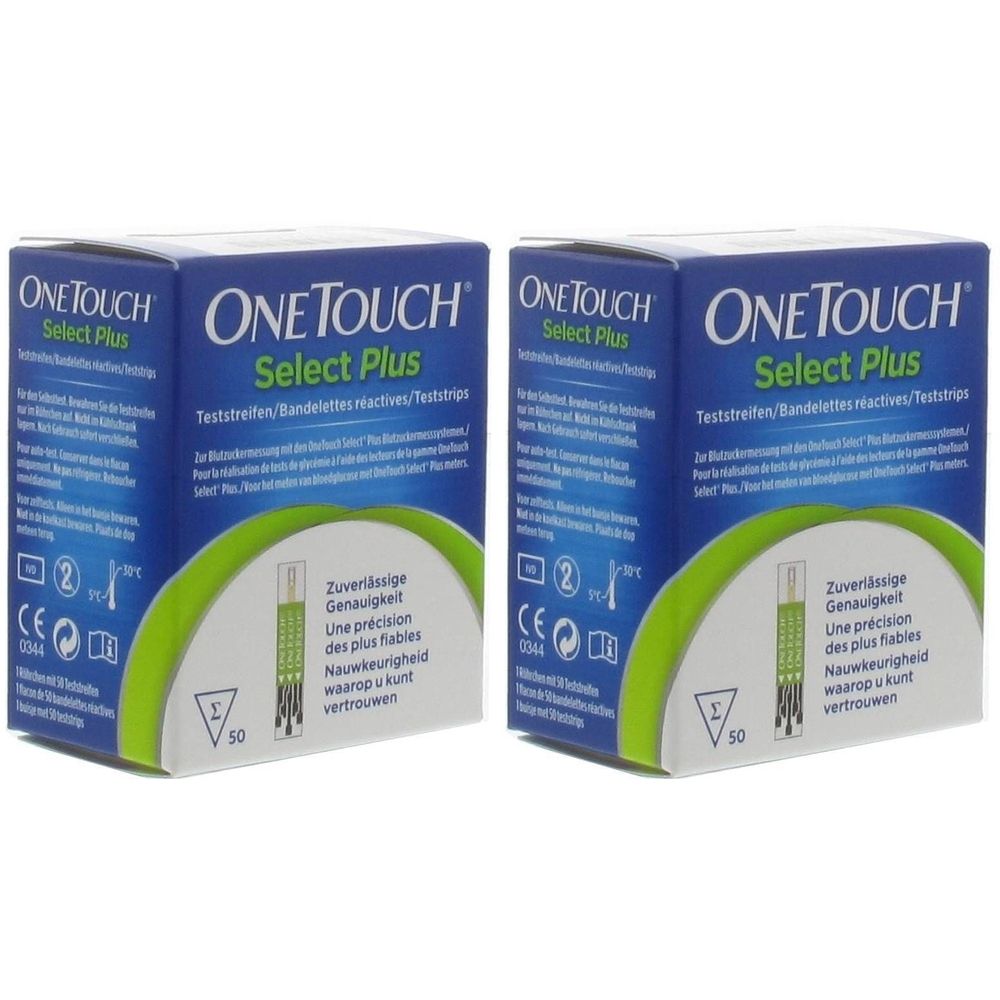 Deux boîtes de bandelettes réactives ONETOUCH® Select Plus. Emballage bleu avec texte blanc et vert. Marquage CE et autres symboles visibles.