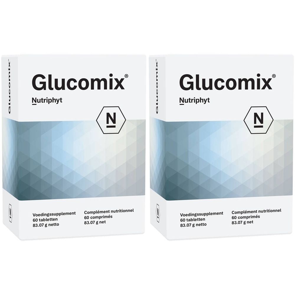Deux boîtes blanches "Glucomix" et "Nutriphyt". Contient 60 comprimés. Logo "N" visible.