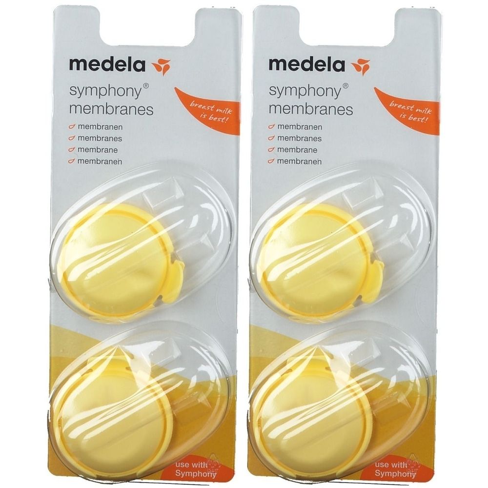 Deux emballages de membranes Medela Symphony. Chaque emballage contient deux membranes jaunes en blister.