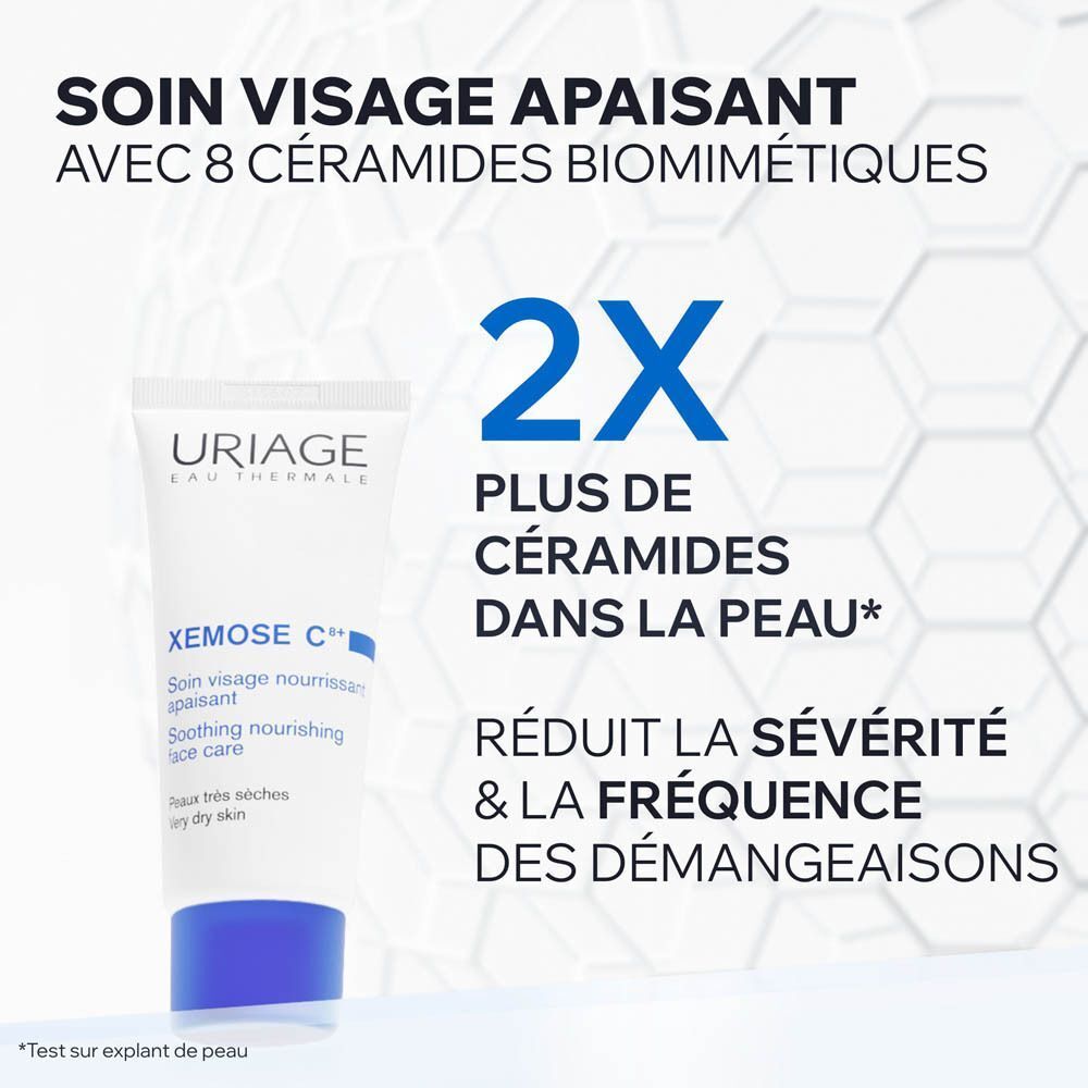 Publicité pour la crème Uriage Xémose C+. Texte : 2x plus de céramides dans la peau.