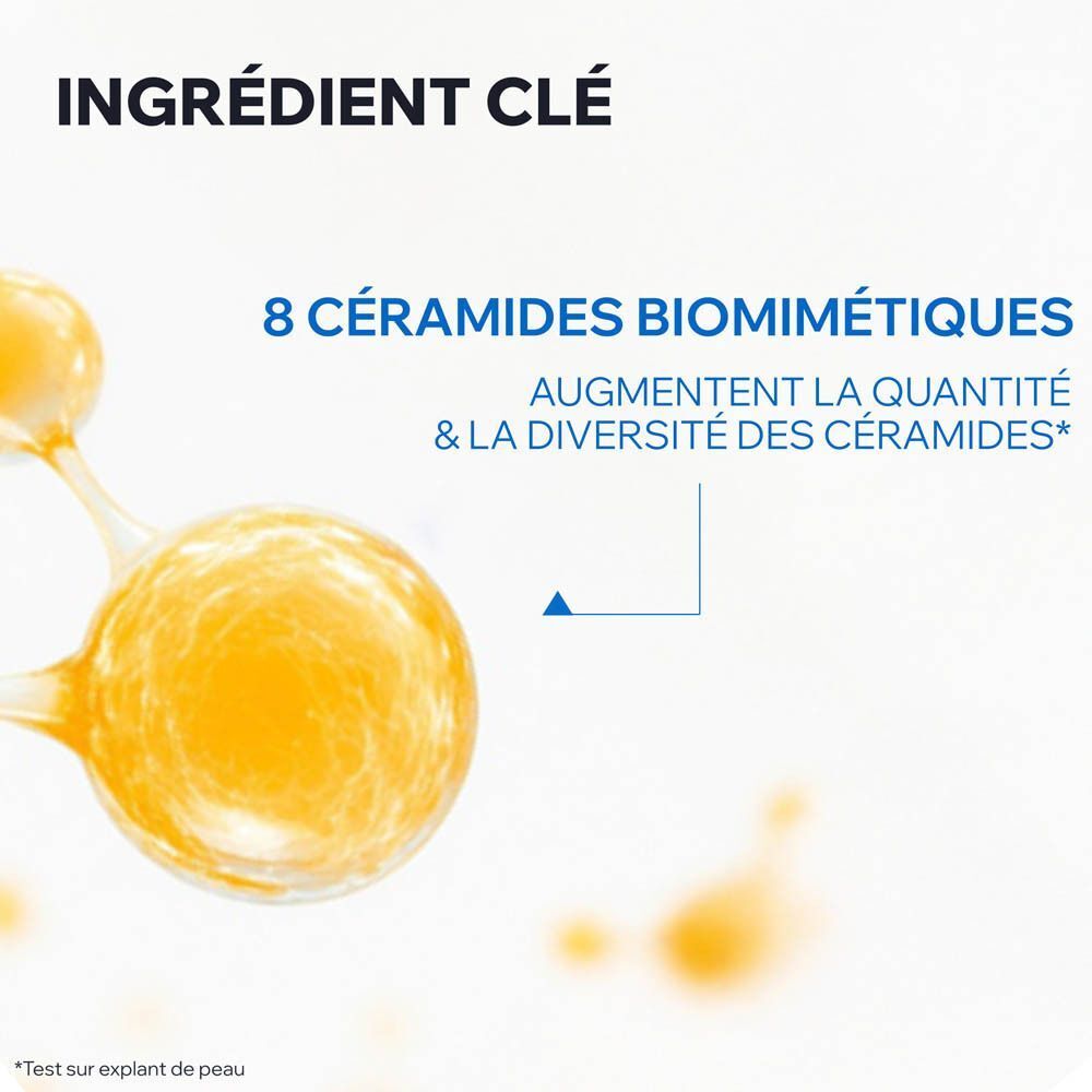 Graphique avec 8 céramides biomimétiques. Texte : Augmente la quantité de céramides.