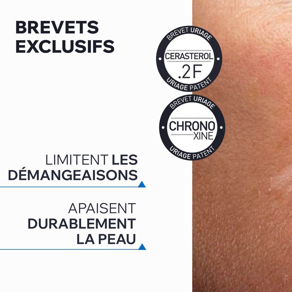 Graphique avec deux brevets Uriage. Texte : Limite les démangeaisons, apaise la peau.