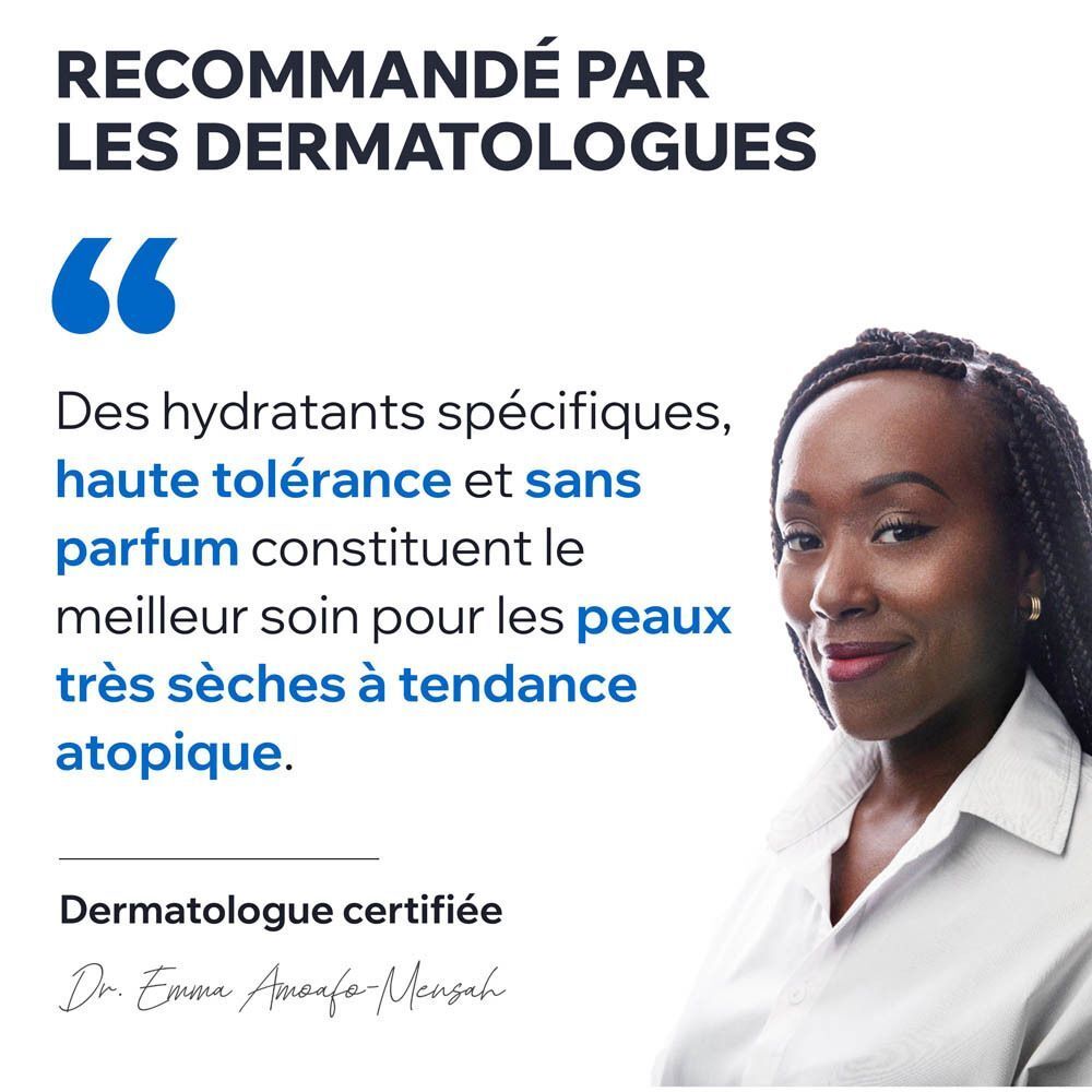 Dermatologue citant. Texte : Hydratants spécifiques pour peaux très sèches.