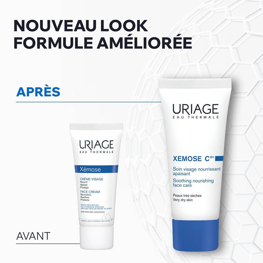 Comparaison avant-après. Crème Uriage Xémose C+. Nouveau design.