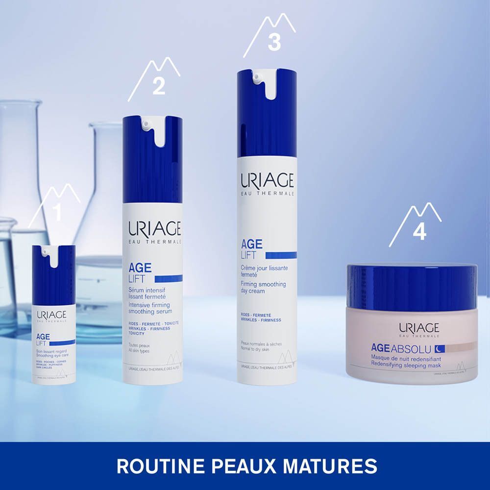 Routine anti-âge avec quatre produits Uriage. Texte: Age Lift Sérum, crème de jour, masque de nuit.