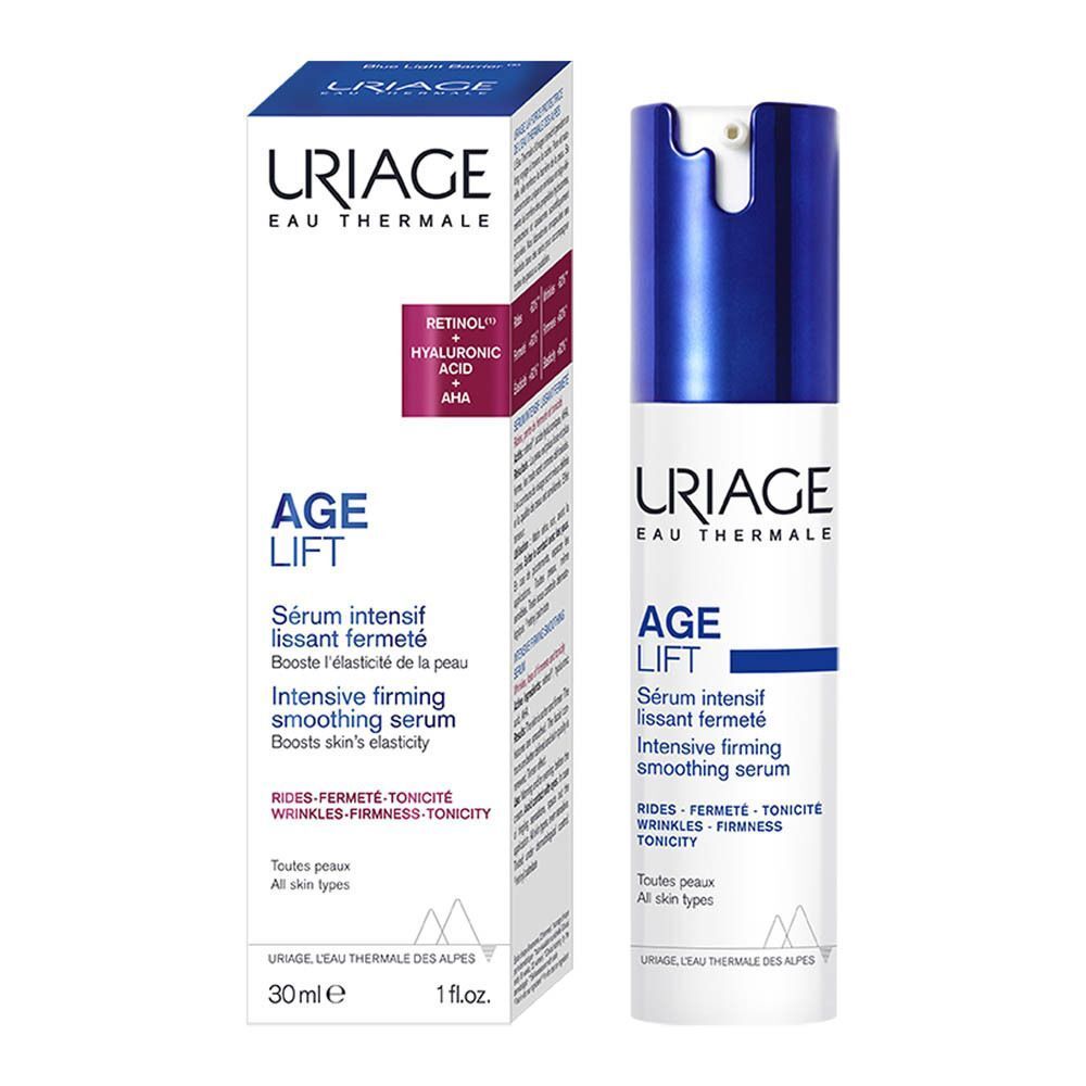 Sérum Uriage Age Lift et emballage. Texte: 30ml, sérum intensif lissant, Rétinol, Acide hyaluronique, AHA.
