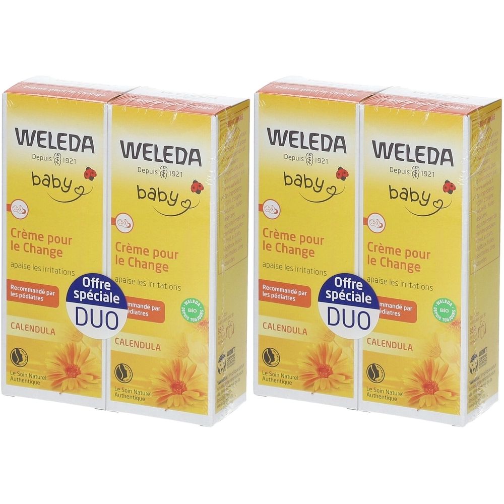Quatre boîtes jaunes "WELEDA baby Crème pour le Change". Autocollant Duo. Illustration de fleur de calendula.