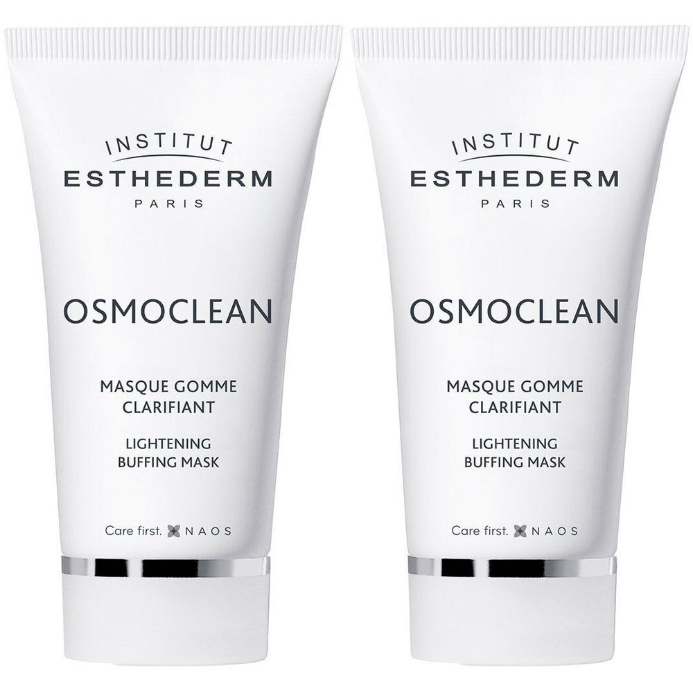 Deux tubes blancs. Inscriptions: INSTITUT ESTHEDERM, OSMOCLEAN, MASQUE GOMME CLARIFIANT, LIGHTENING BUFFING MASK.