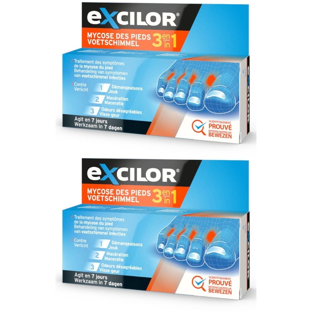 Deux boîtes de EXcilor Mycose des Pieds 3 en 1. Emballage bleu et blanc avec nom du produit et illustration de pied.
