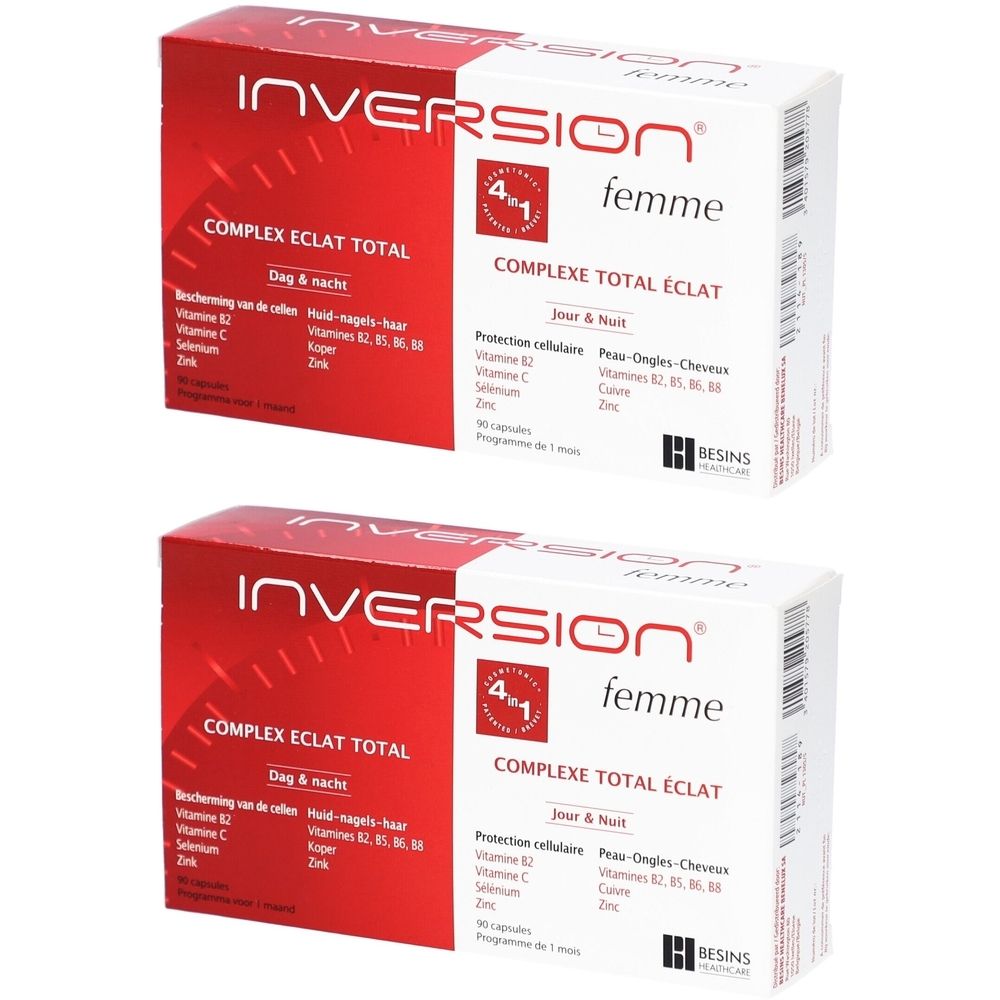 Deux boîtes du produit INVERSION® Femme Complexe Total Éclat Jour & Nuit 4 en 1. Emballage blanc avec texte rouge.