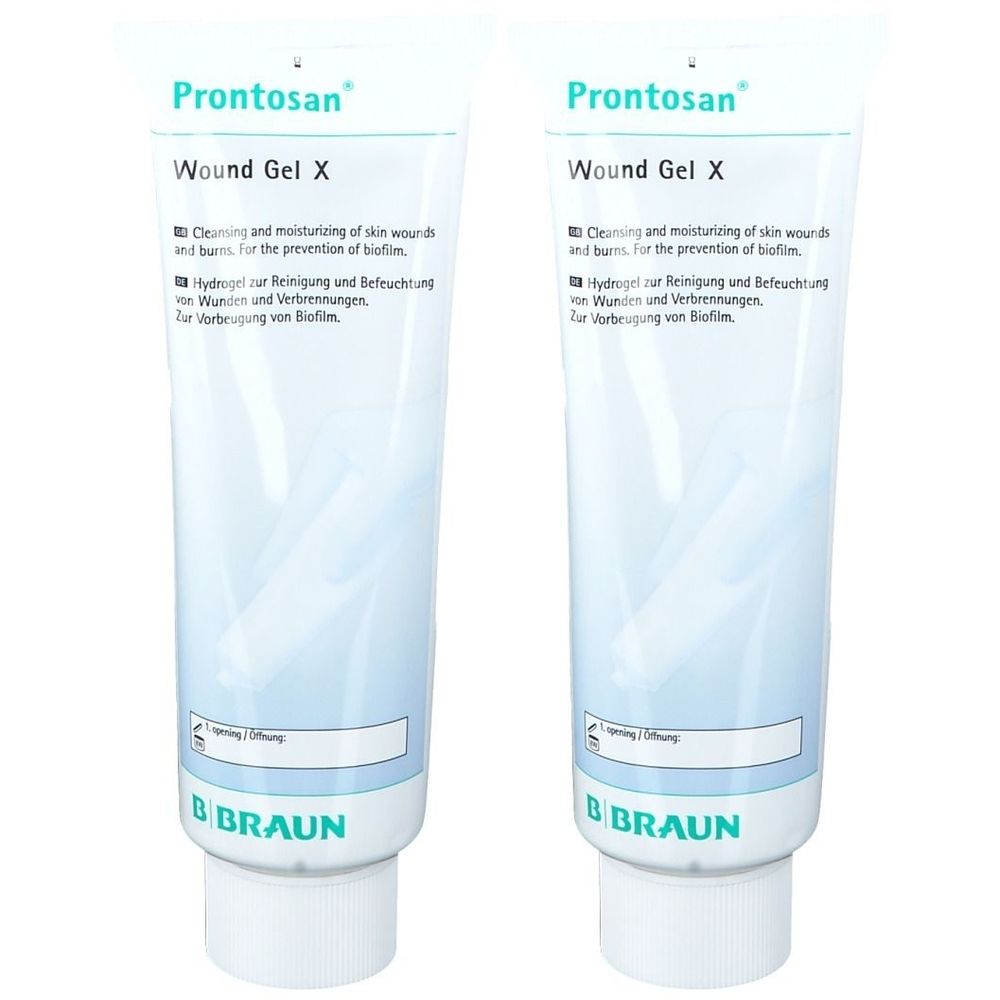 Deux tubes de Prontosan Wound Gel X. Tubes blancs avec texte bleu. Logo B. Braun en bas.