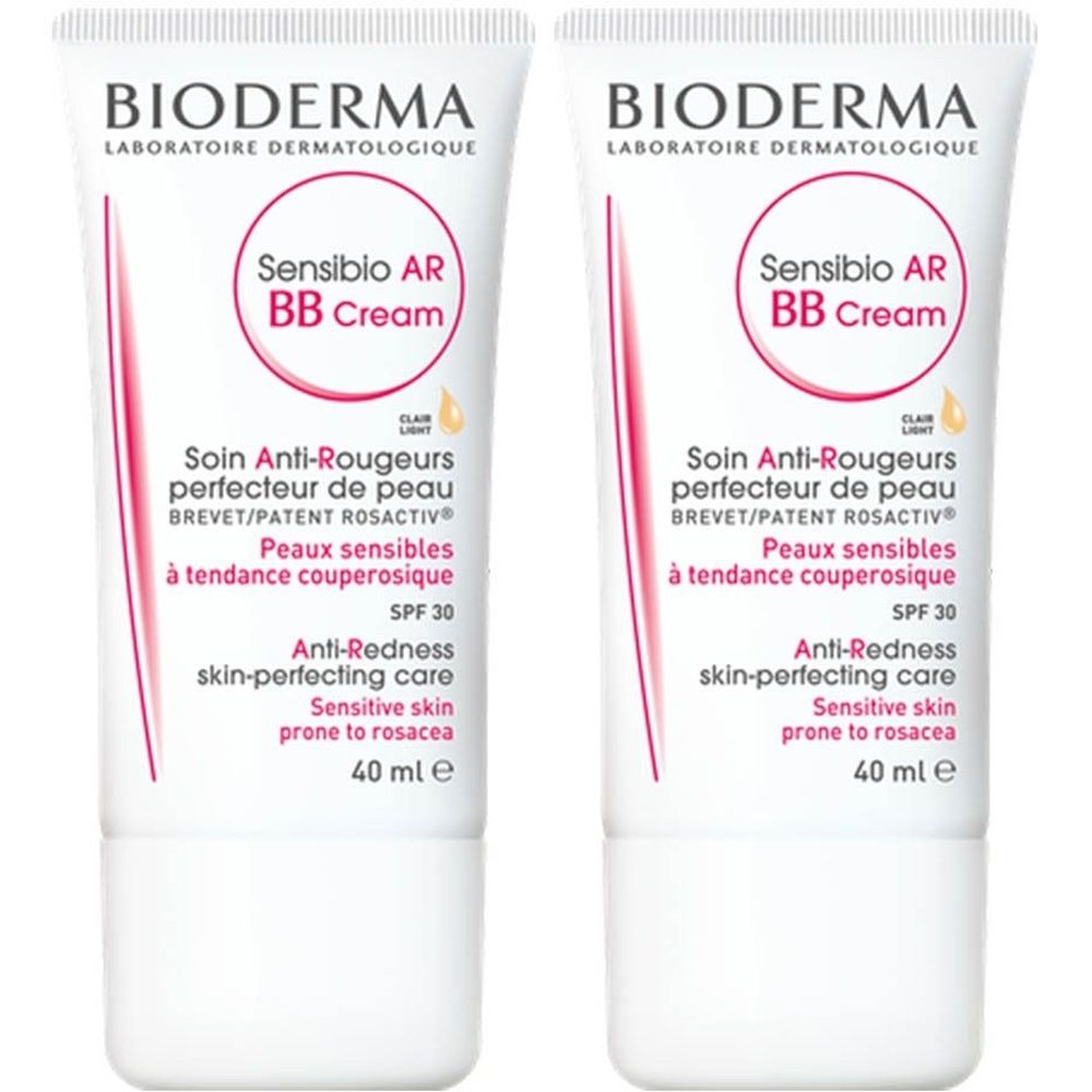 Deux tubes de Bioderma Sensibio AR BB Crème. Blanc, texte rouge et noir. Contient 40 ml. Anti-rougeurs, pour peaux sensibles.