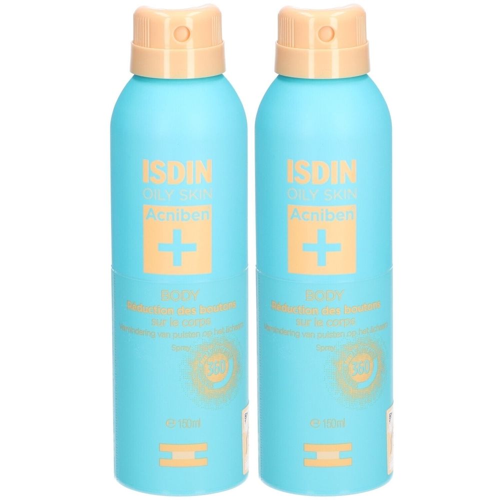 Deux sprays bleus avec têtes beiges. Inscription: ISDIN, Acniben, Oily Skin. Avec croix jaune et logo soleil. Texte en français.