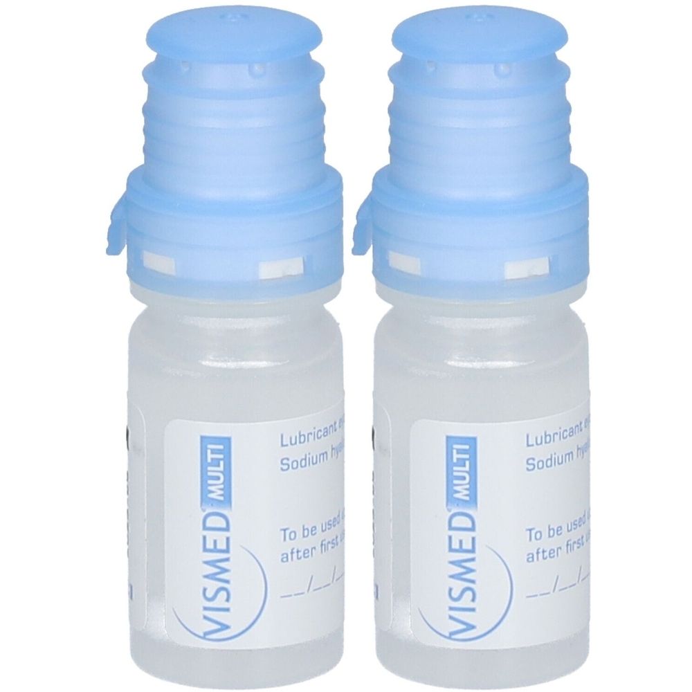 Deux petits flacons transparents avec bouchons bleus. L'étiquette indique "VISMED MULTI".