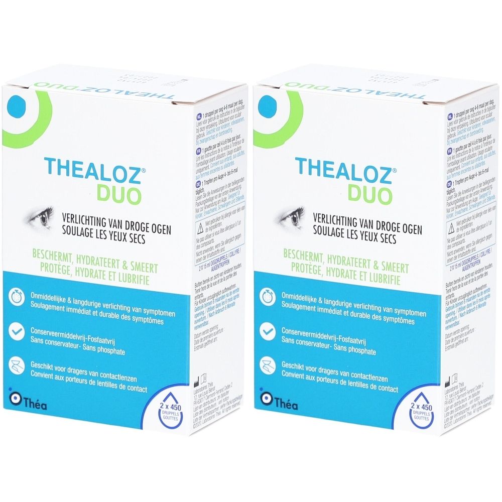 Deux boîtes THEALOZ DUO. Inscription : Verlichting van droge ogen, Soullage les yeux secs. Éléments bleus et verts.