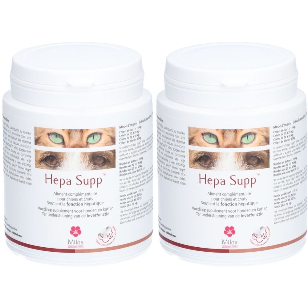 Deux pots blancs avec couvercles. L'étiquette indique "Hepa Supp" et un œil de chat. Texte en plusieurs langues en dessous.