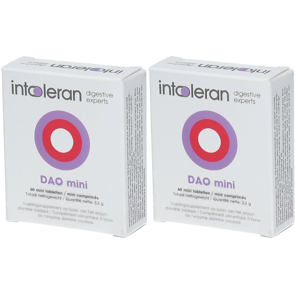 Deux boîtes blanches avec le logo Intoleran. Chaque boîte indique "DAO mini".