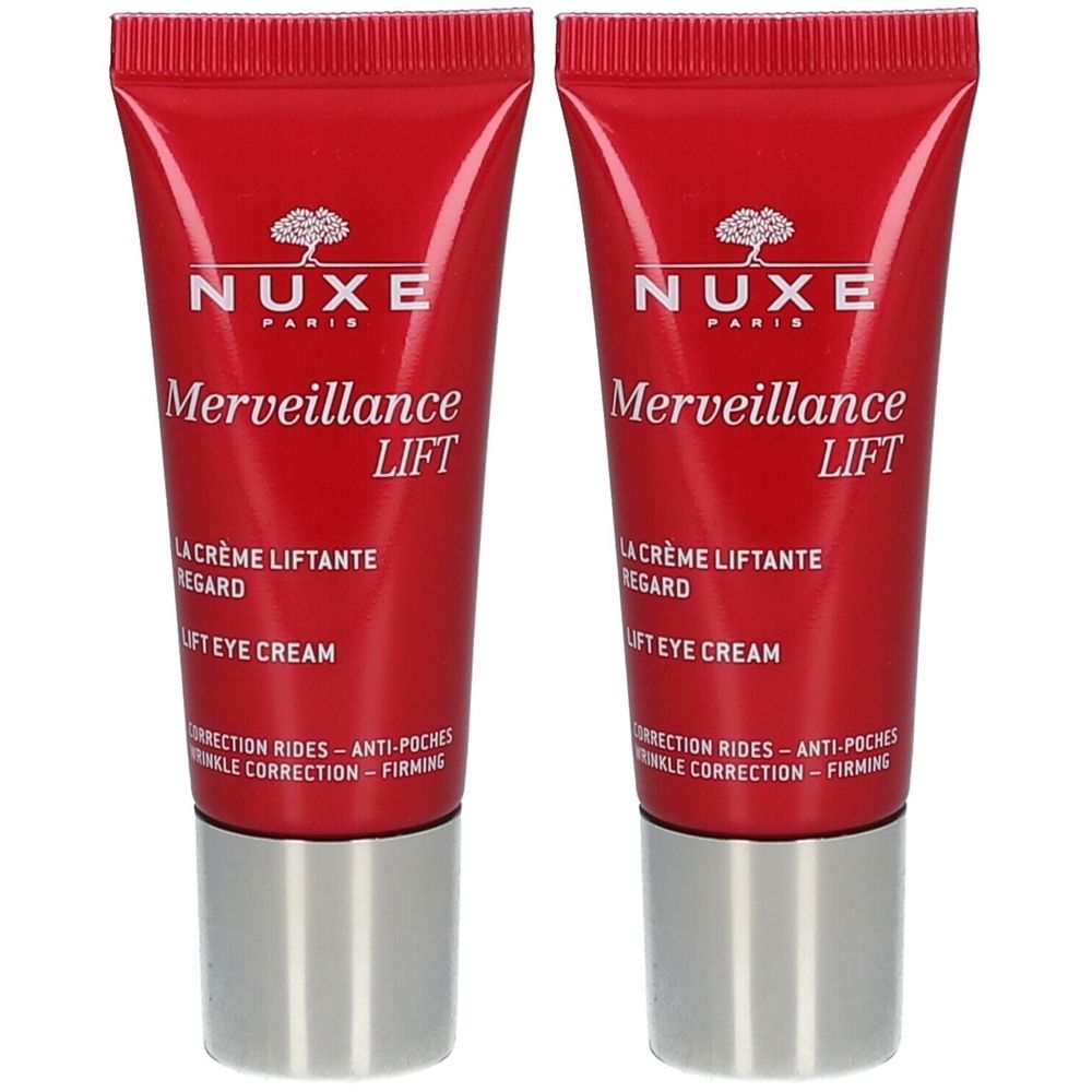 Deux tubes rouges avec bouchons argentés. Inscription "Nuxe Merveillance LIFT", "LA CRÈME LIFTANTE REGARD" et "LIFT EYE CREAM".