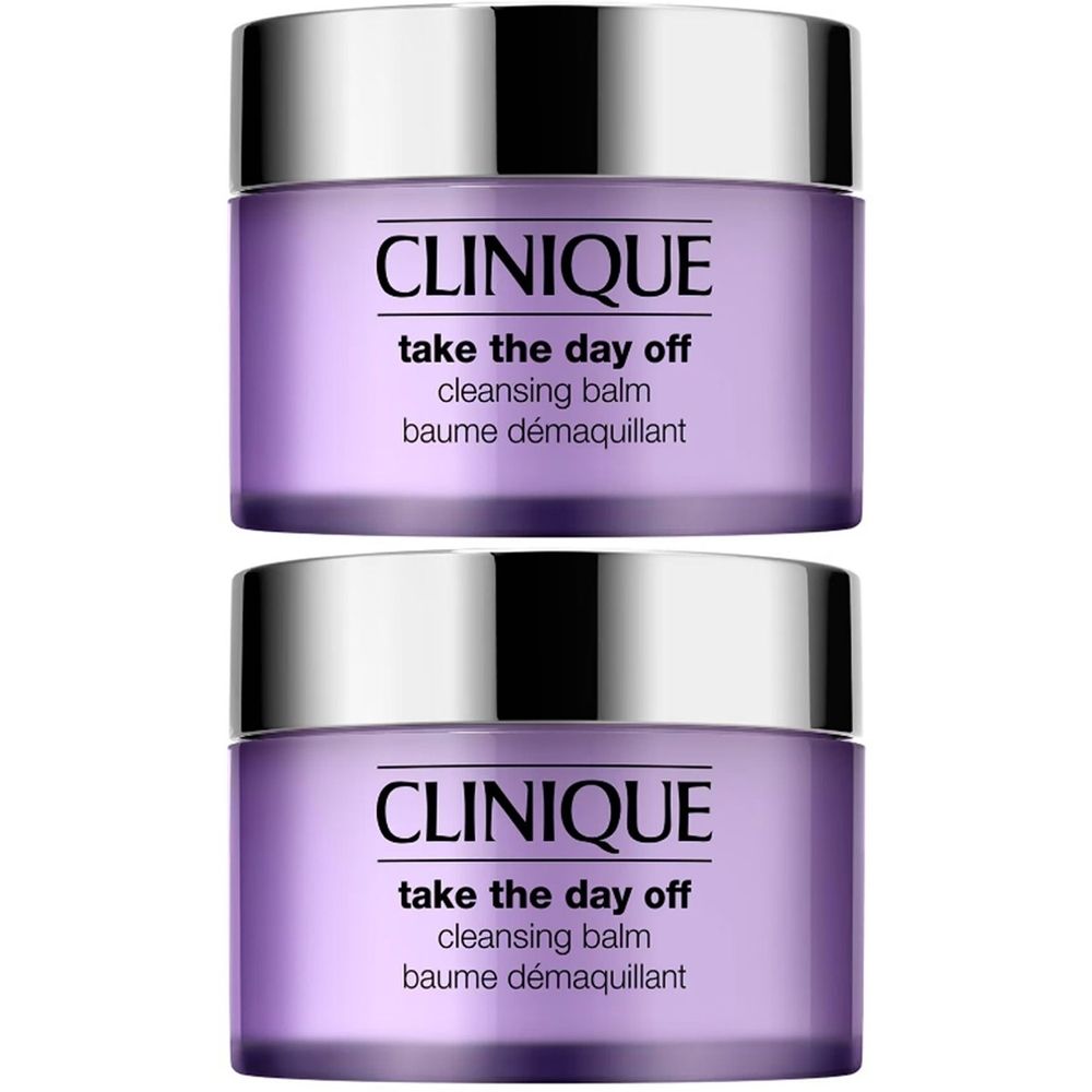 Deux pots violets avec couvercles argentés. Inscription: CLINIQUE, take the day off, cleansing balm, baume démaquillant.