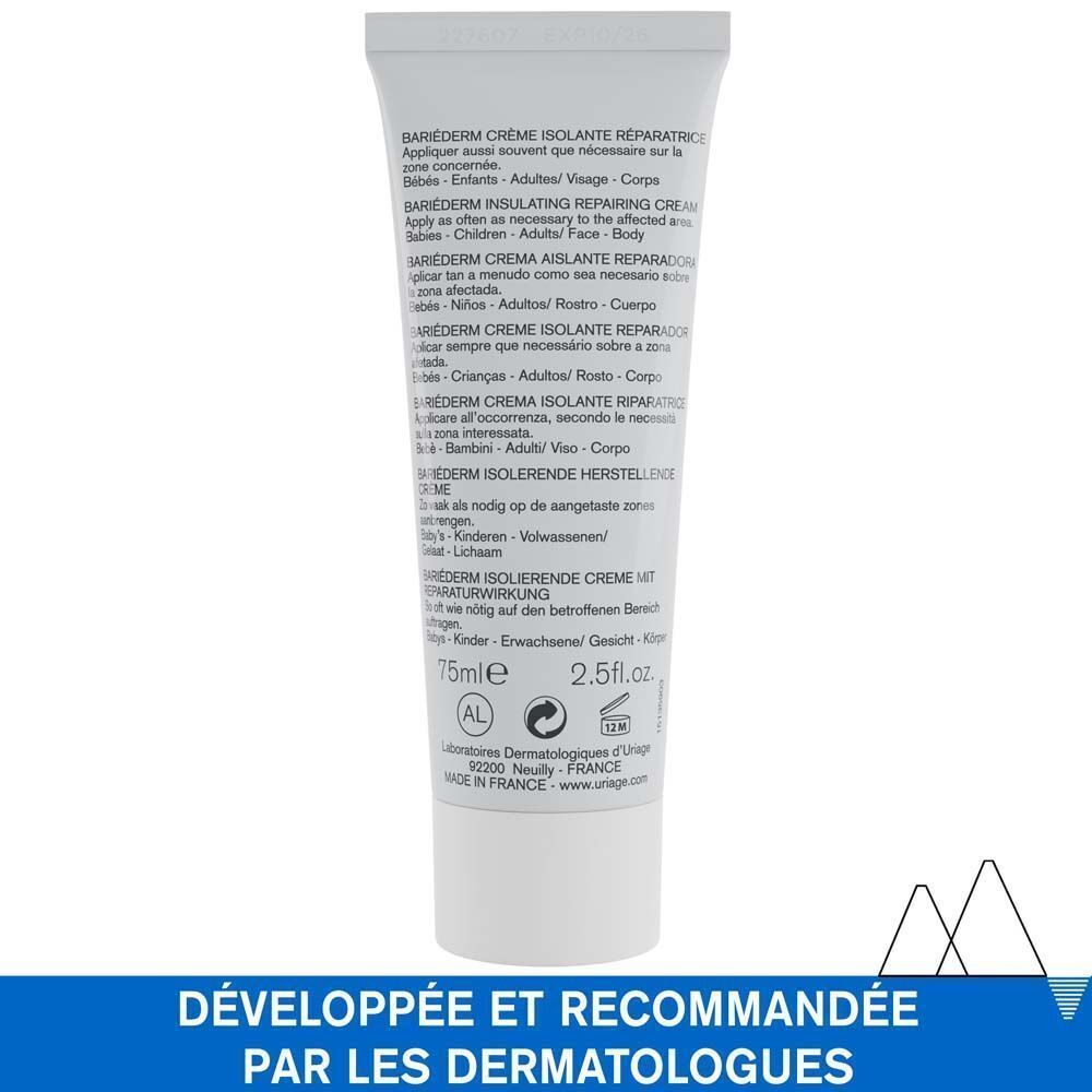 Dos d'un tube de crème réparatrice Uriage Bariéderm. Texte: Dévéloppée et recommandée par les dermatologues.