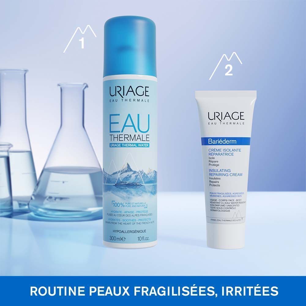 Deux produits: Uriage Eau Thermale et Uriage Bariéderm Repair Cream. Texte: Routine peaux fragilisées, irritées.