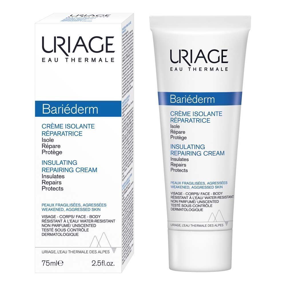 Uriage Bariéderm Repair Cream et emballage. Tube et boîte blancs avec texte bleu.