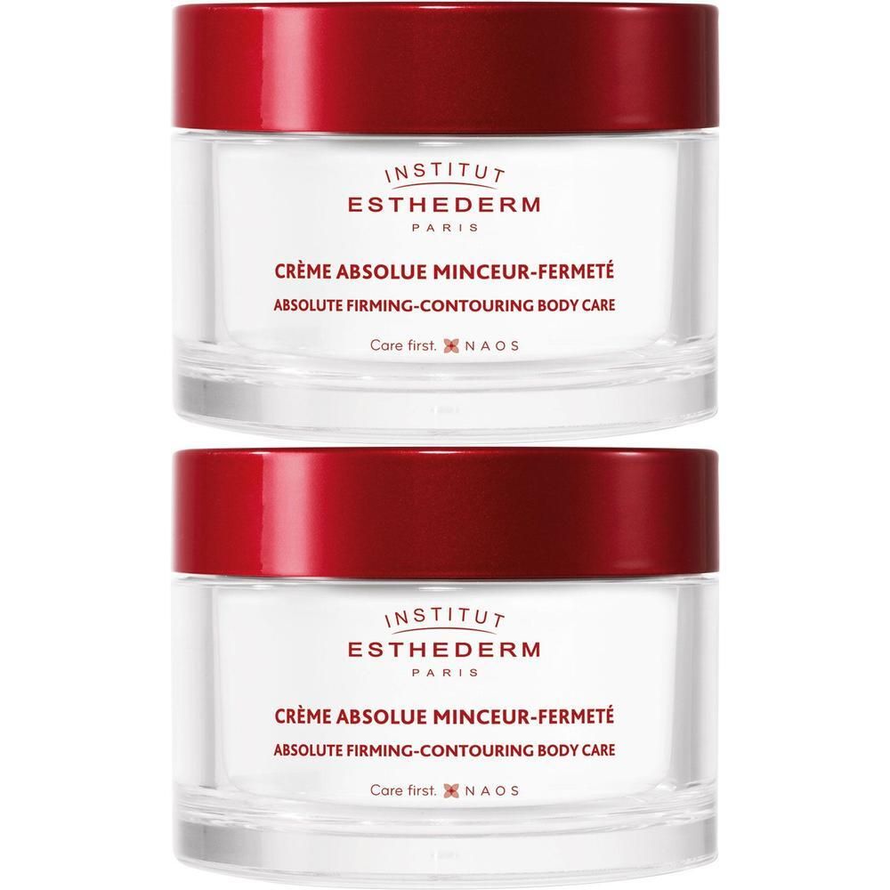 Deux pots de crème avec couvercles rouges. Inscription: INSTITUT ESTHEDERM PARIS, Crème Absolue Minceur-Fermeté.