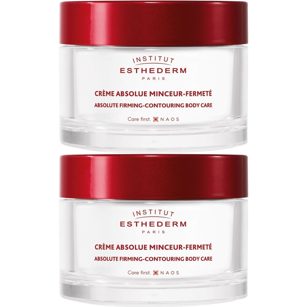 Deux pots de crème avec couvercles rouges. Inscription: INSTITUT ESTHEDERM PARIS, Crème Absolue Minceur-Fermeté, Absolute Firming-Contouring Body Care.
