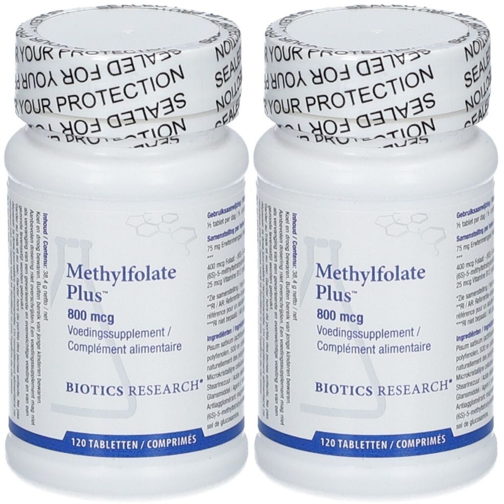 Deux flacons blancs de Methylfolate Plus. Inscription : 800 mcg, Voedingssupplement/Complément alimentaire. Marque : BIOTICS RESEARCH. 120 comprimés.