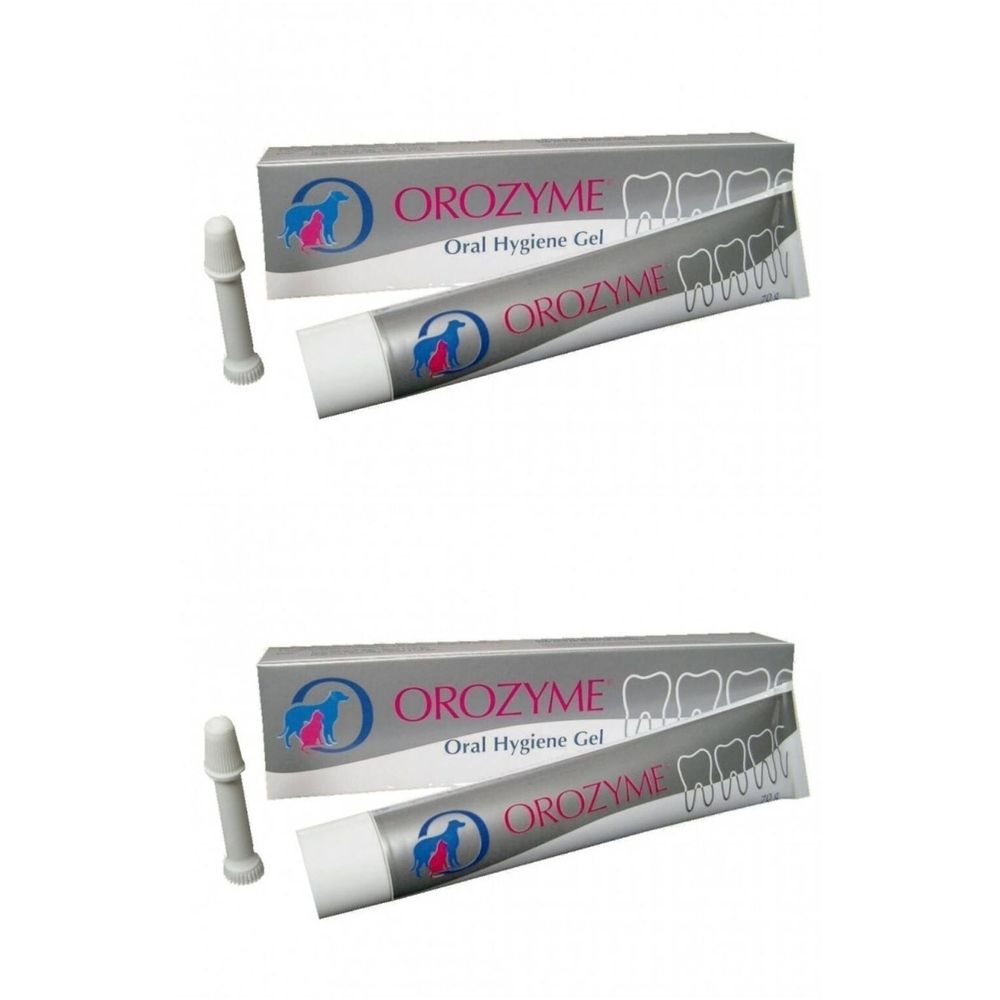Deux tubes et deux boîtes avec l'inscription OROZYME Oral Hygiene Gel. Deux applicateurs à côté.