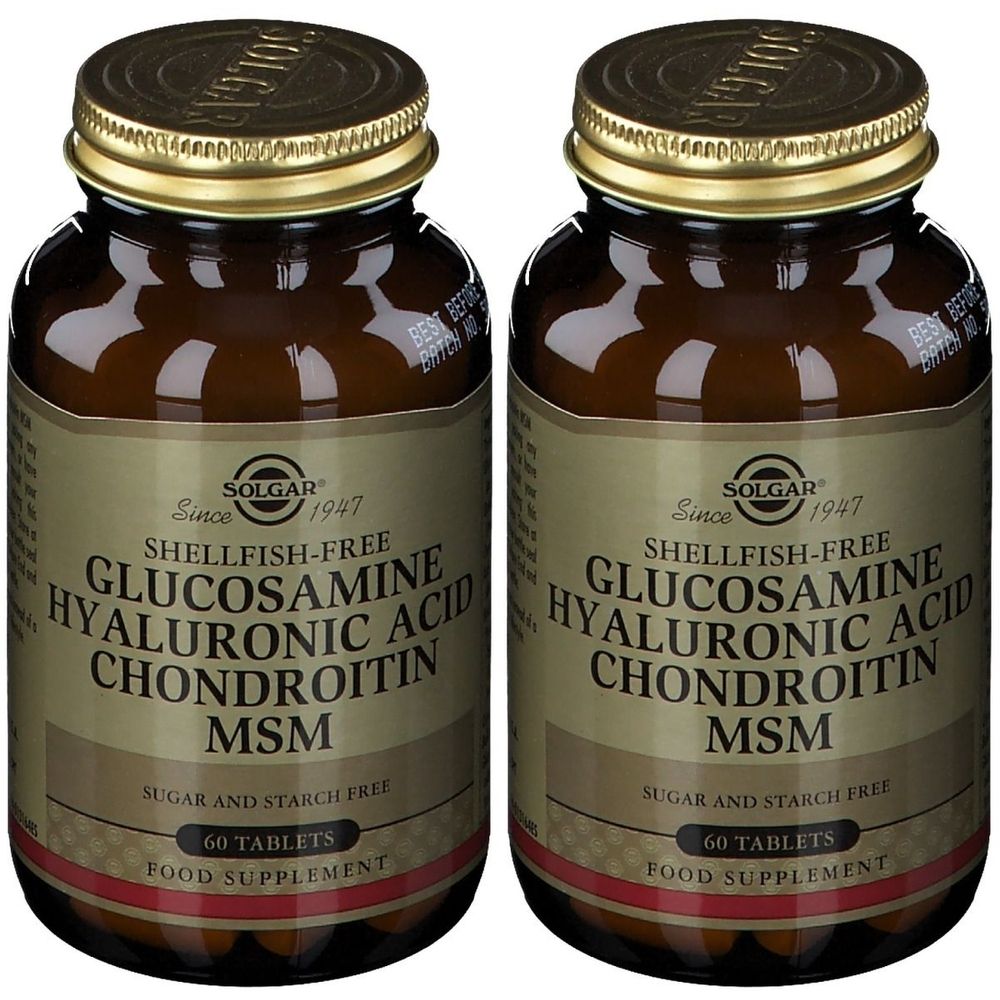 Deux flacons en verre brun avec des couvercles dorés. Inscription : Solgar Glucosamine Hyaluronic Acid Chondroïtine MSM. 60 comprimés.