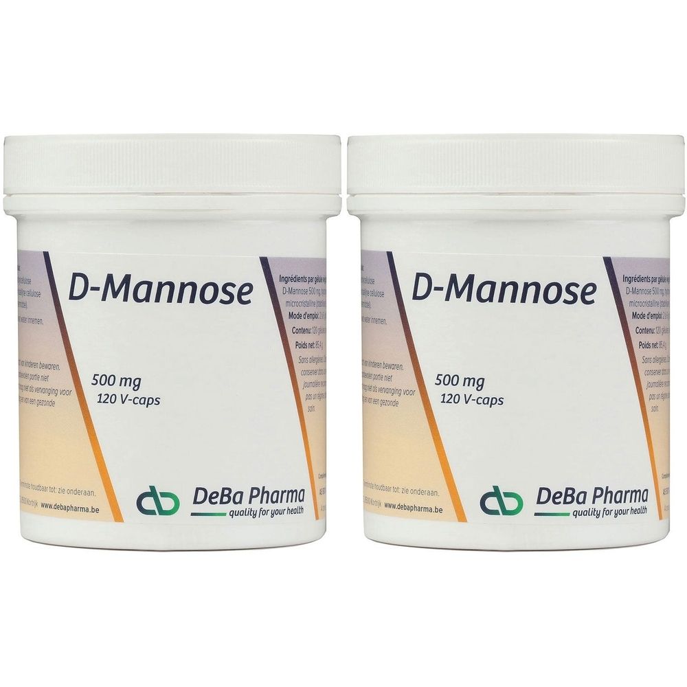 Deux pots blancs avec l'inscription "D-Mannose 500 mg 120 V-caps". Logo DeBa Pharma. Inscription "quality for your health".