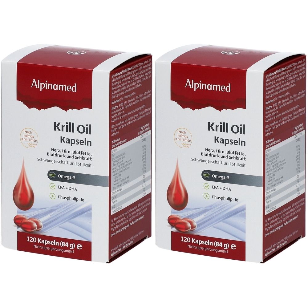 Deux boîtes de gélules Alpinamed Krill Oil. Emballage rouge et blanc avec nom du produit et indication Oméga-3. 120 gélules.
