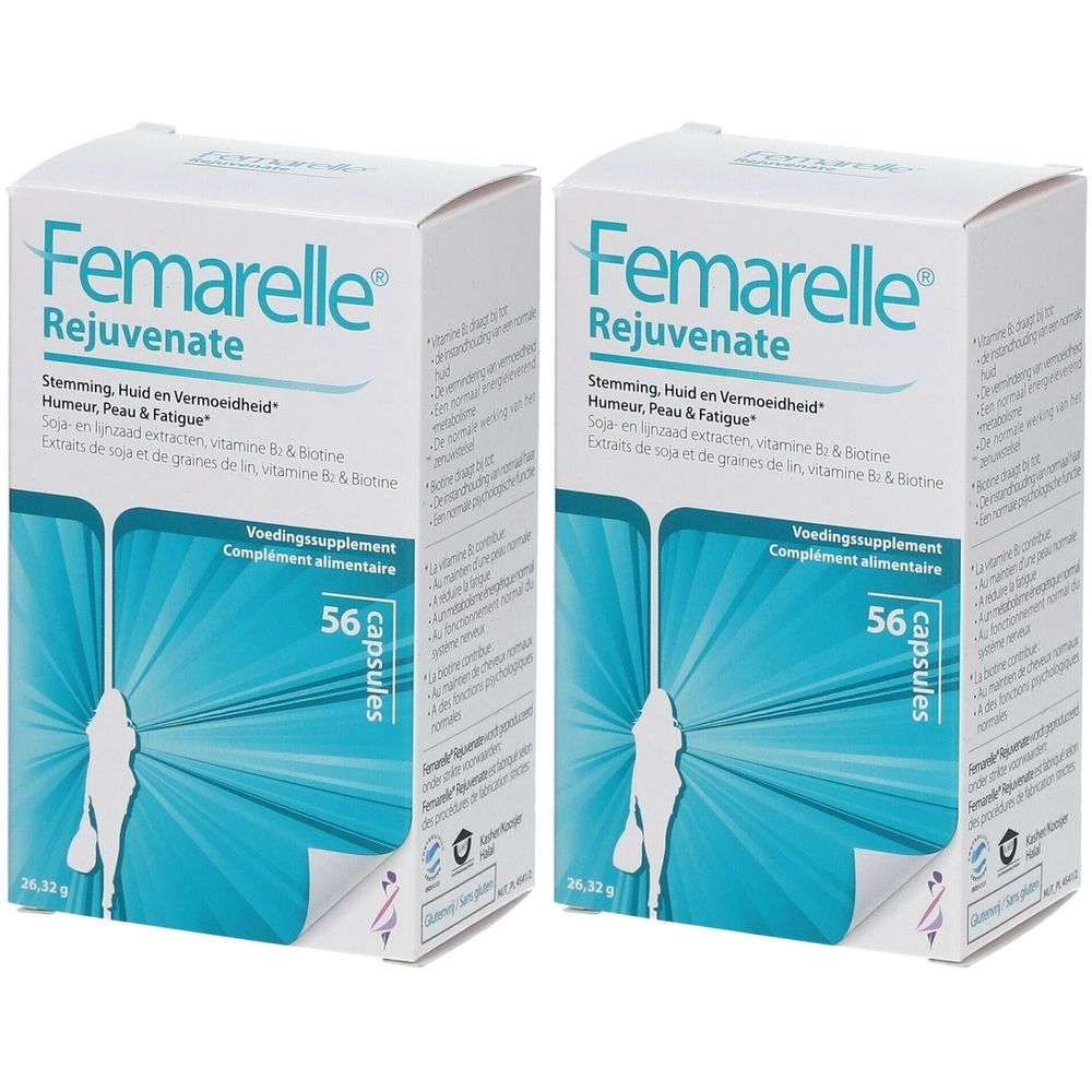Deux boîtes blanches "Femarelle Rejuvenate". Chaque boîte contient 56 capsules. Inscription en plusieurs langues.