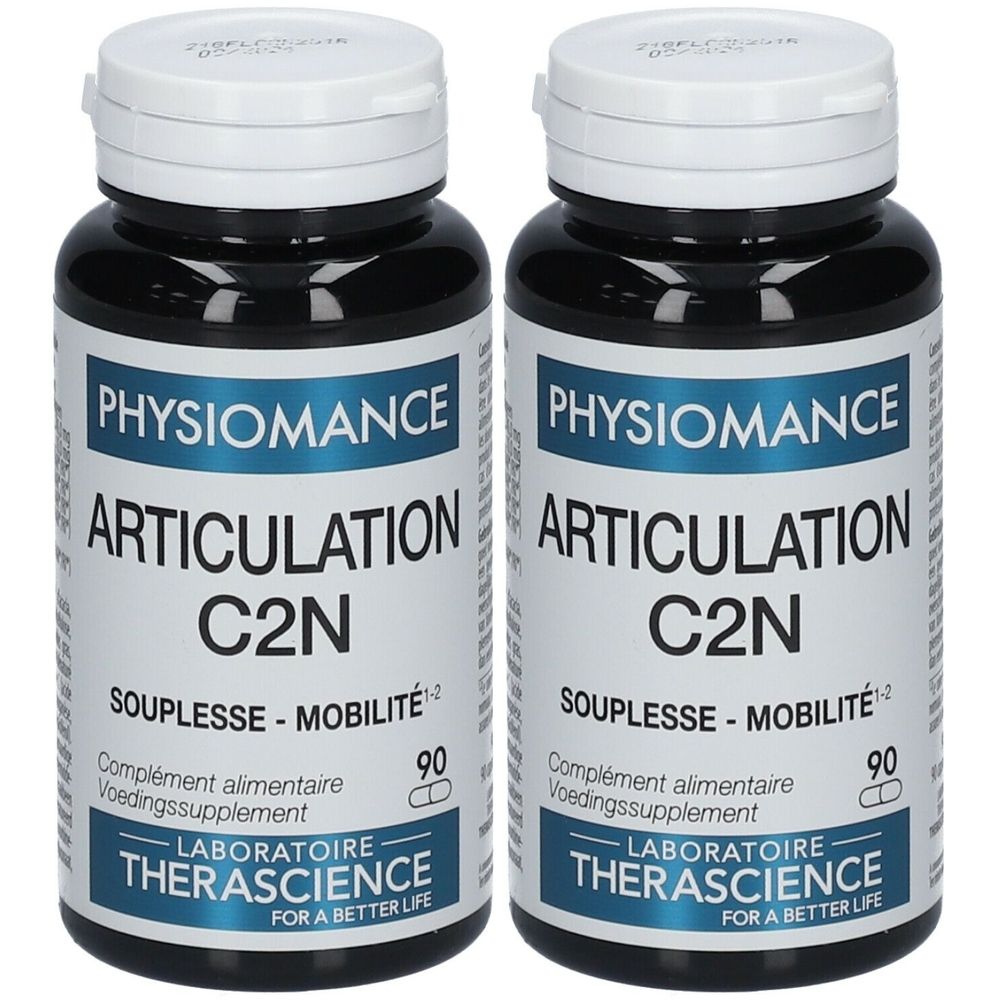 Deux flacons de PHYSIOMANCE ARTICULATION C2N. Inscription: Souplesse-Mobilité, 90 capsules. Laboratoire Therascience. Complément alimentaire.
