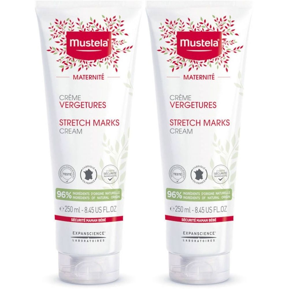 Deux tubes de crème Mustela Maternité. Inscription : Crème Vergetures, Stretch Marks Cream. 96% d'ingrédients d'origine naturelle.
